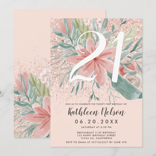 Glitter floral watercolor blush pink 21st birthday invitation (Front/Back)