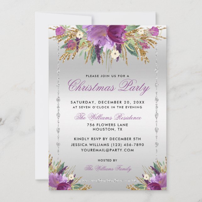 Glitter Flowers, Diamond Framed Christmas Party In Invitation (Front)