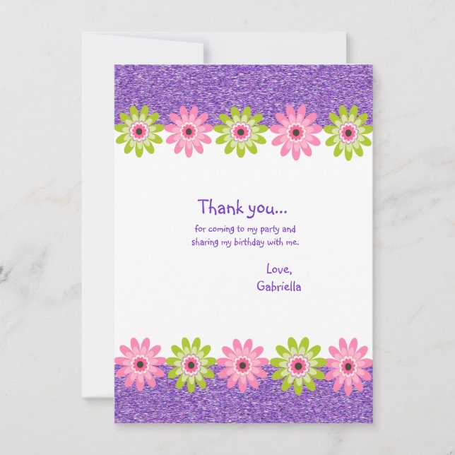 Glitter & FLowers Girls Birthday Thank you Card (Front)