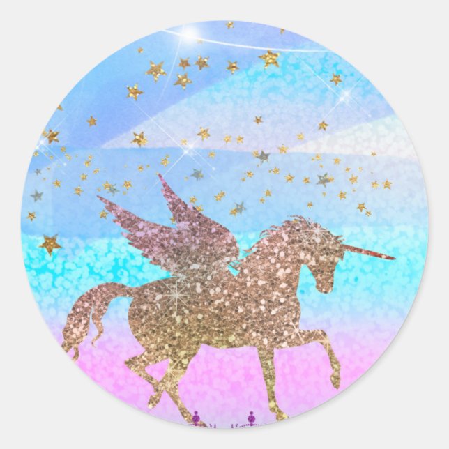 Glitter Flying Unicorn Magical Birthday Party Classic Round Sticker (Front)