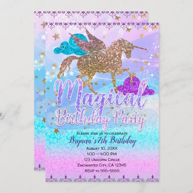 Glitter Flying Unicorn Magical Birthday Party Invitation (Front/Back)