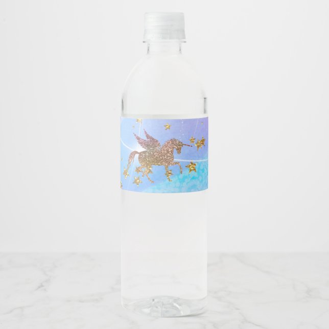 Glitter Flying Unicorn Magical Birthday Party Water Bottle Label (Front)