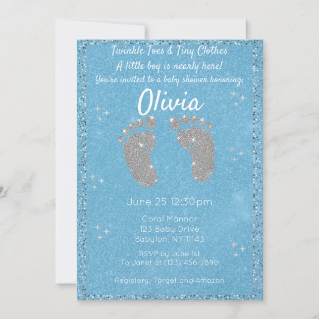 Glitter Footprint Baby Shower Invitation (Front)