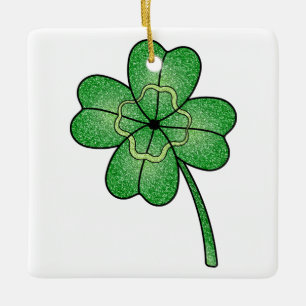 Glitter Four Leaf Clover Ceramic Ornament