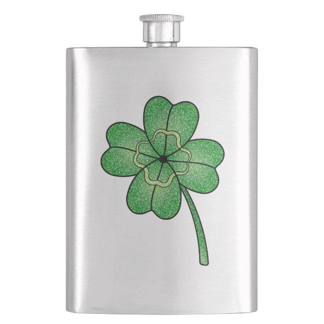 Glitter Four Leaf Clover Hip Flask (Front)