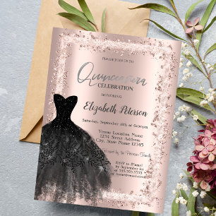  Glitter Frame,Black Dress Rose Gold 15th Birthday Invitation