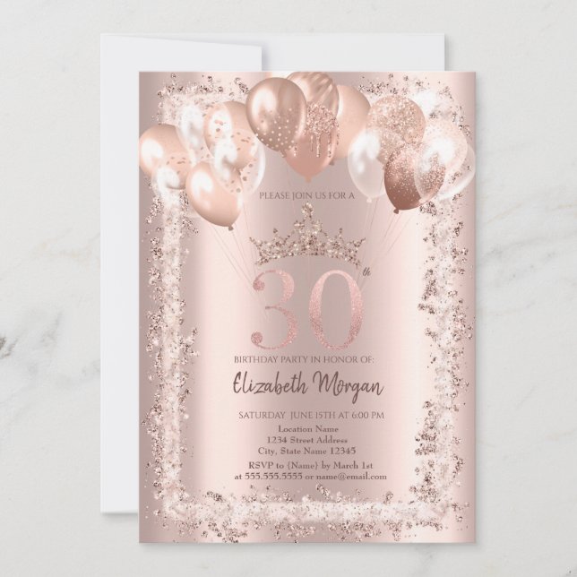 Glitter Frame,Crown,Balloons 30th Birthday Invitation (Front)