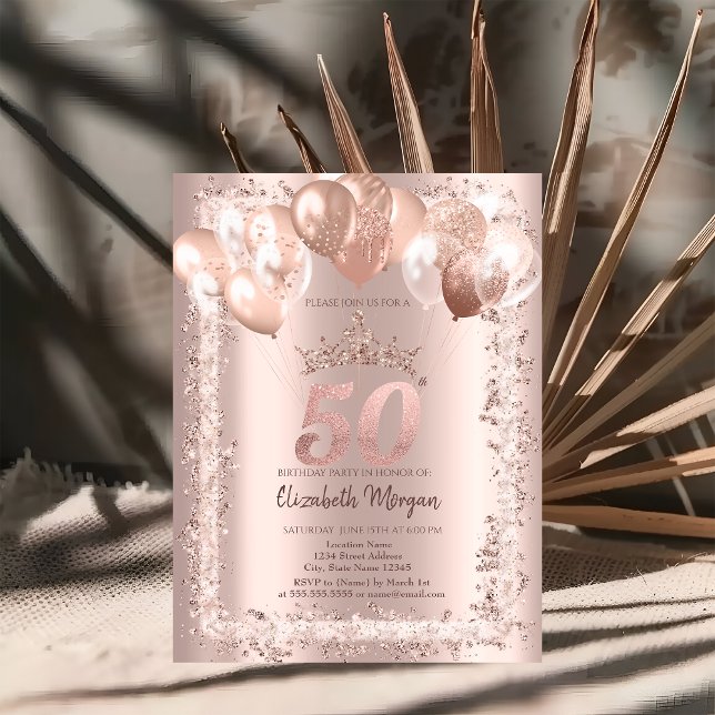 Glitter Frame,Crown,Balloons 50th Birthday Invitation (Creator Uploaded)