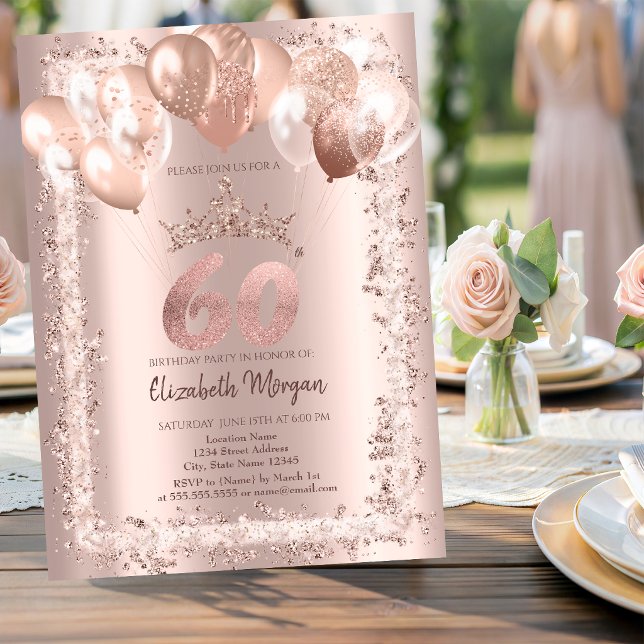 Glitter Frame,Crown,Balloons 60th Birthday Invitation (Creator Uploaded)