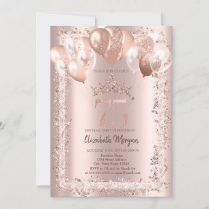Glitter Frame,Crown,Balloons 75th Birthday Invitation