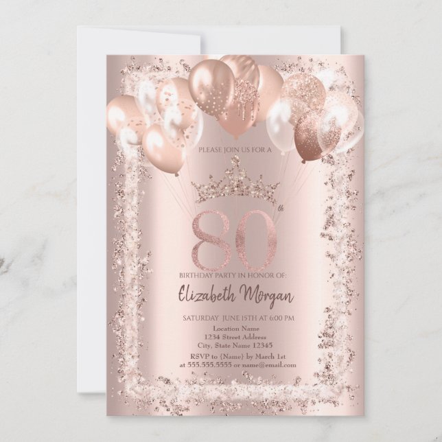 Glitter Frame,Crown,Balloons 80th Birthday Invitation (Front)
