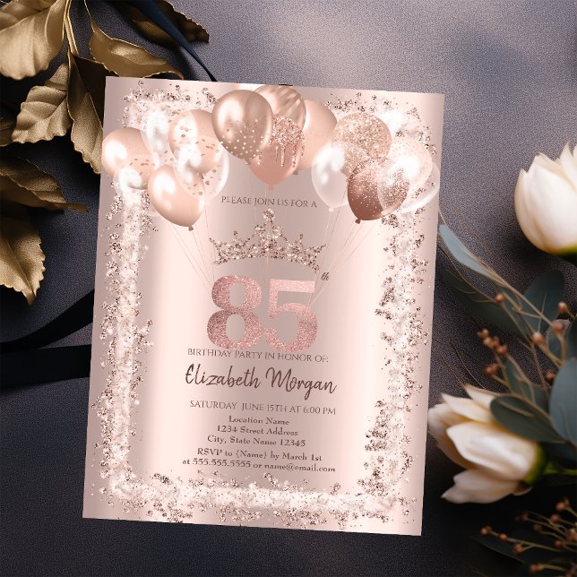 Glitter Frame,Crown,Balloons 85th Birthday Invitation (Creator Uploaded)
