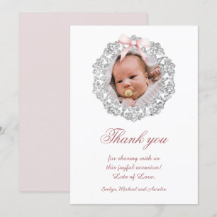 Glitter Frame Pink Bow Baptism Thank You Card