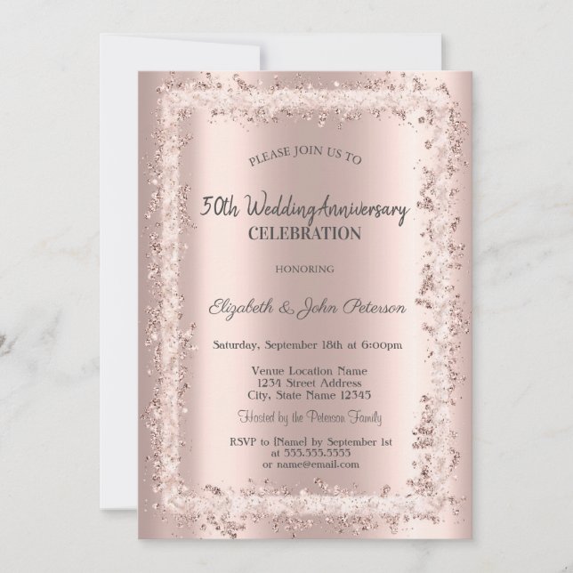 Glitter Frame Rose Gold Wedding Anniversary Invitation (Front)