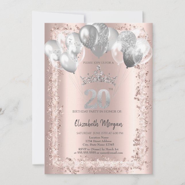 Glitter Frame,Silver Crown,Balloons 20th Birthday Invitation (Front)