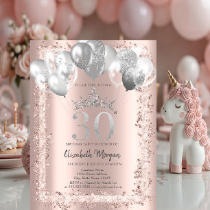Glitter Frame,Silver Crown,Balloons 30th Birthday Invitation