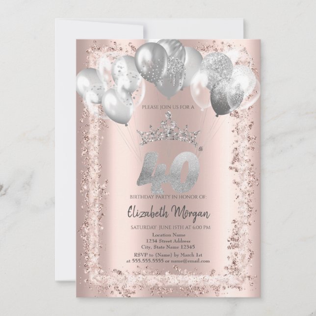 Glitter Frame,Silver Crown,Balloons 40th Birthday Invitation (Front)