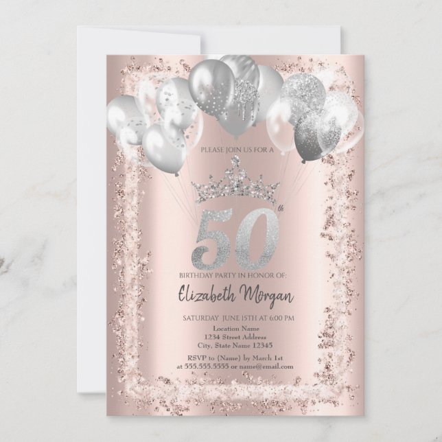 Glitter Frame,Silver Crown,Balloons 50th Birthday Invitation (Front)