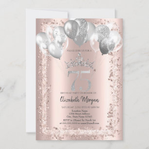 Glitter Frame,Silver Crown,Balloons 75th  Invitation
