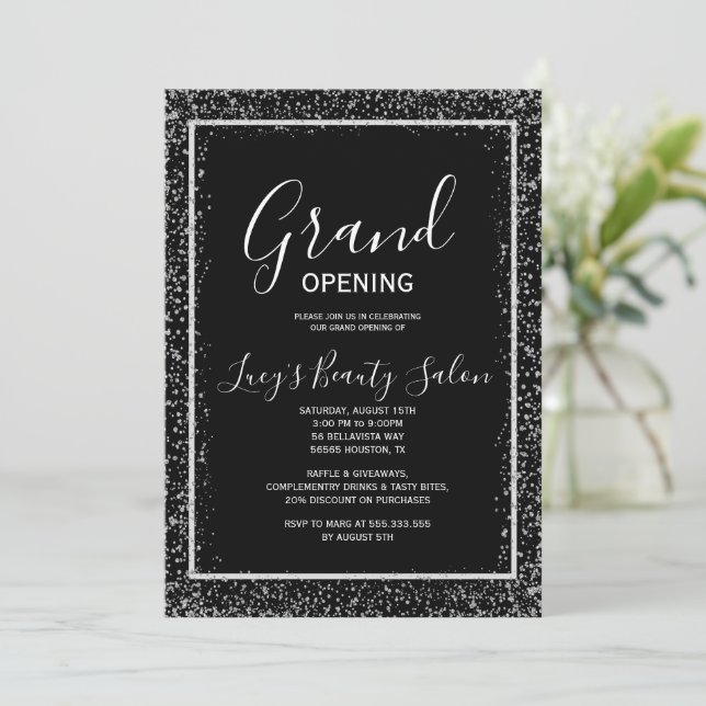 Glitter Framed Black & White Grand Opening Invitation (Standing Front)