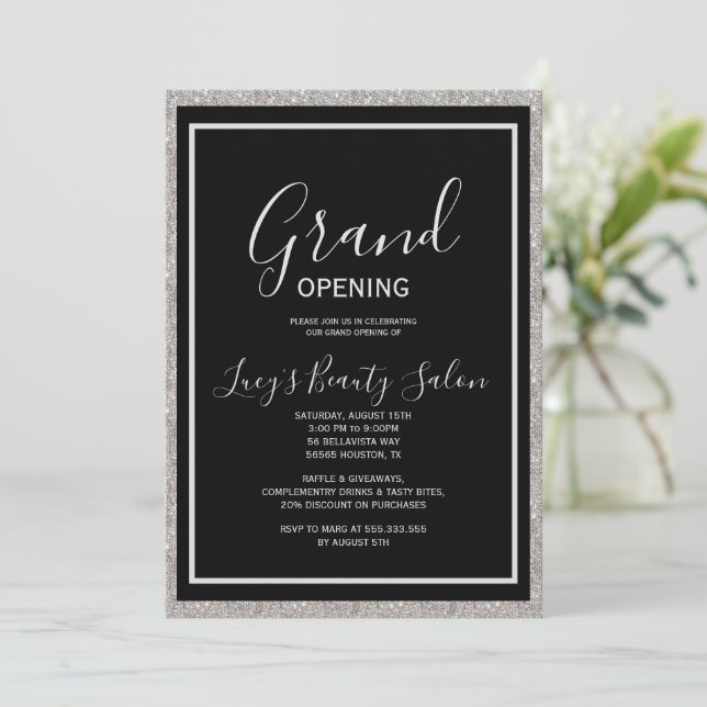 Glitter Framed Black & White Grand Opening Invitation (Standing Front)