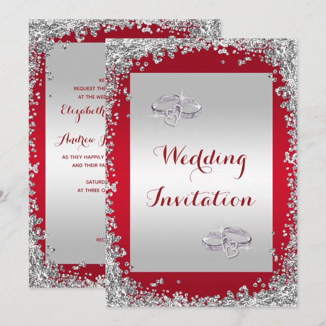 Glitter Framed & Diamond Wedding Rings Wedding Invitation (Front/Back)