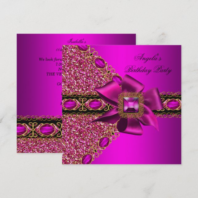 Glitter Fuchsia Pink Jewel Birthday Party Invitation (Front/Back)
