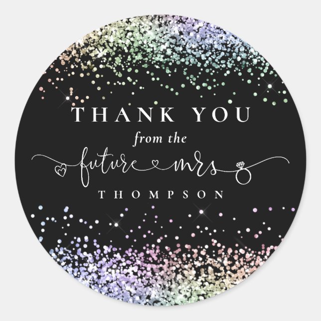 Glitter Future Mrs Bridal Shower Thank You Black Classic Round Sticker (Front)