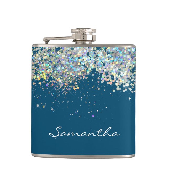 Glitter Girly Custom Name Monogram Hip Flask (Front)