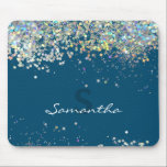 Glitter Girly Custom Name Mouse Mat<br><div class="desc">Faux silver sparkle glitter with custom name option. Fun girly and trendy design. Fun office product. Blue coloured background.</div>