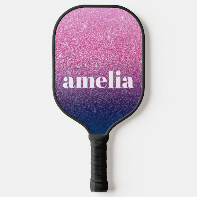 Glitter Girly Sparkly Pink Navy Blue Custom Name Pickleball Paddle (Front)