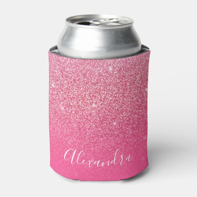 Glitter Girly Sparkly Rose Pink Script Name Custom Can Cooler (Can Front)