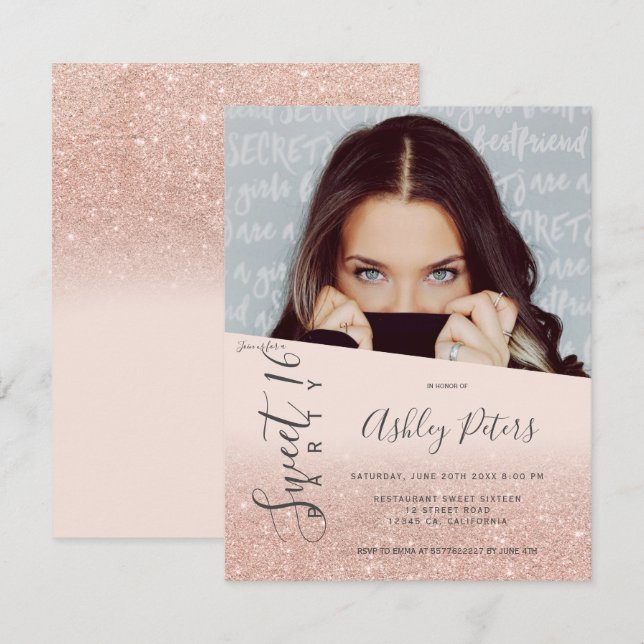 Glitter girly typography blush photo Sweet 16 Invitation (Front/Back)