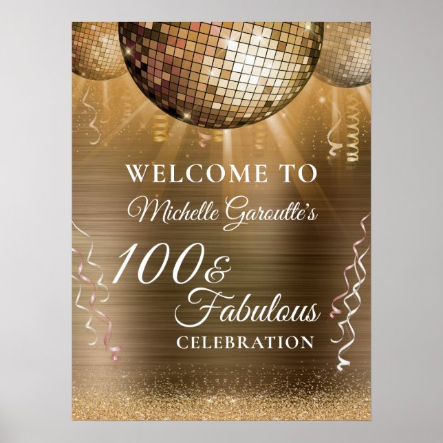 Glitter Glam 100 & Fabulous Gold Disco Ball Poster (Front)