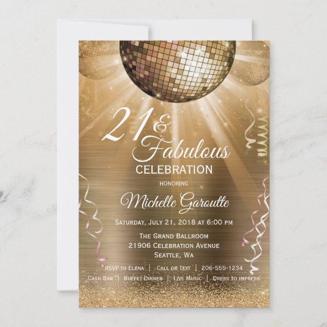Glitter Glam 21 and Fabulous Gold Disco Ball Invitation (Front)