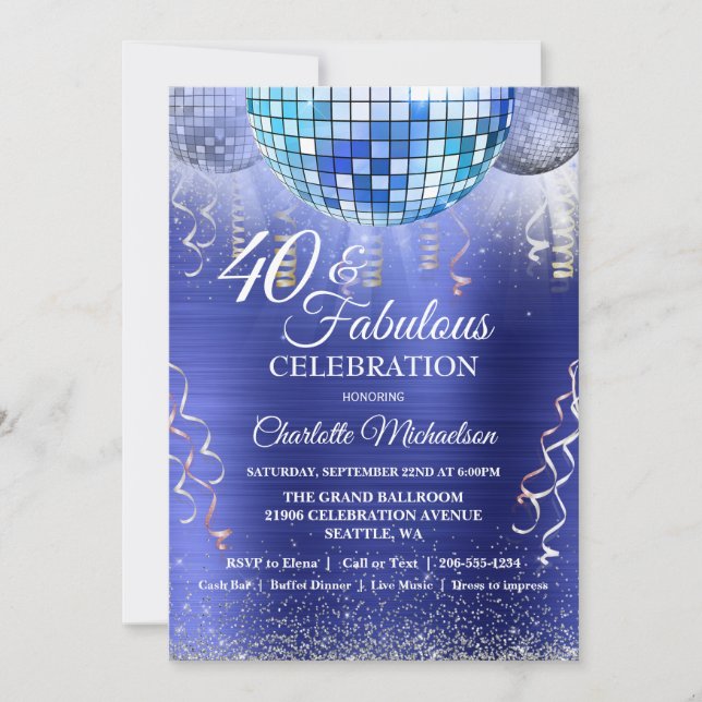 Glitter Glam 40th Birthday Blue Disco Ball Invitation (Front)