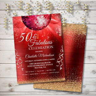 Glitter Glam 50 and Fabulous Red Disco Ball Invitation