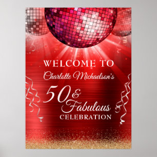 Glitter Glam 50 & Fabulous Red Disco Ball Poster