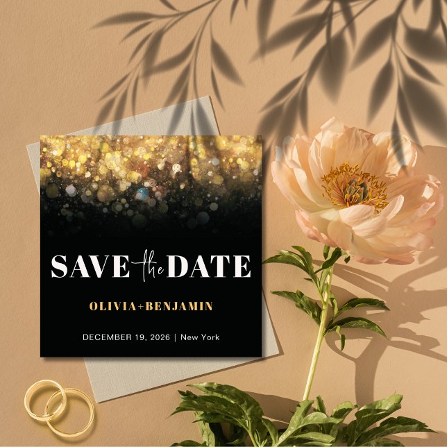 Glitter Glam Black and Gold Wedding Save The Date Invitation (Glitter Glam Black and Gold Wedding Save The Date Invitation)