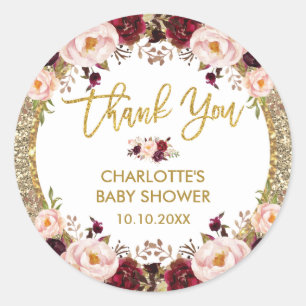 Glitter Glam Burgundy Blush Floral Baby Shower Classic Round Sticker
