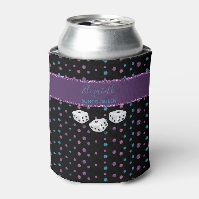 Glitter Glam Girly Dice Monogram Bunco Can Cooler (Can Front)
