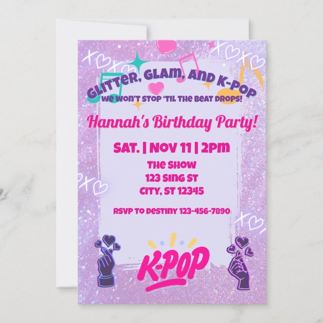 Glitter, Glam, & K-Pop Birthday Party Invitation (Front)