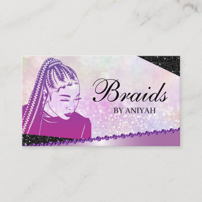 Glitter Glam Modern Hair Braiding Salon Business Card (Front)