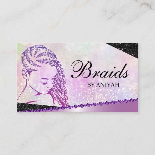 Glitter Glam Modern Hair Braiding Salon Business Card (Front)