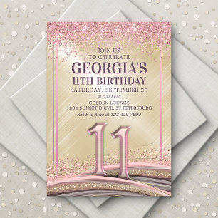 Glitter Glam Rose Gold 11th Birthday Invitation