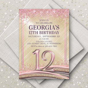 Glitter Glam Rose Gold 12th Birthday Invitation