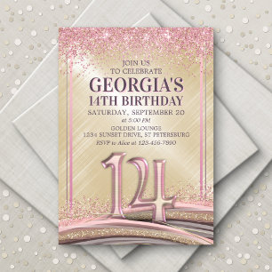 Glitter Glam Rose Gold 14th Birthday Invitation