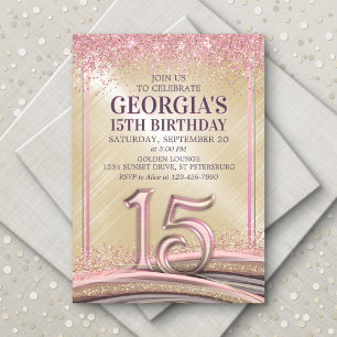 Glitter Glam Rose Gold 15th Birthday Invitation