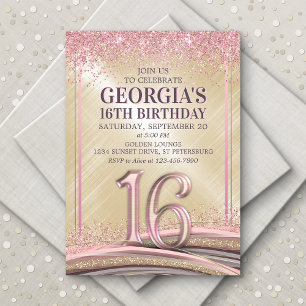 Glitter Glam Rose Gold 16th Birthday Invitation