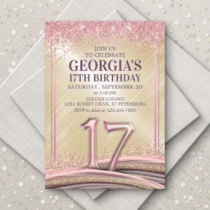 Glitter Glam Rose Gold 17th Birthday Invitation